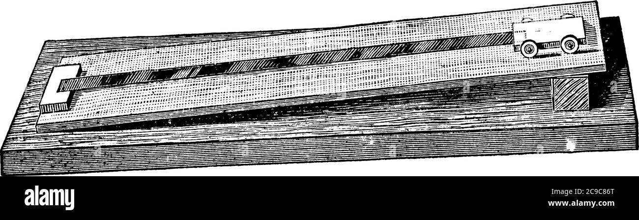 Ein kleines LKW-Spielzeug an der Spitze einer kleinen hölzernen Rampe, Vintage-Linie Zeichnung oder Gravur Illustration. Stock Vektor