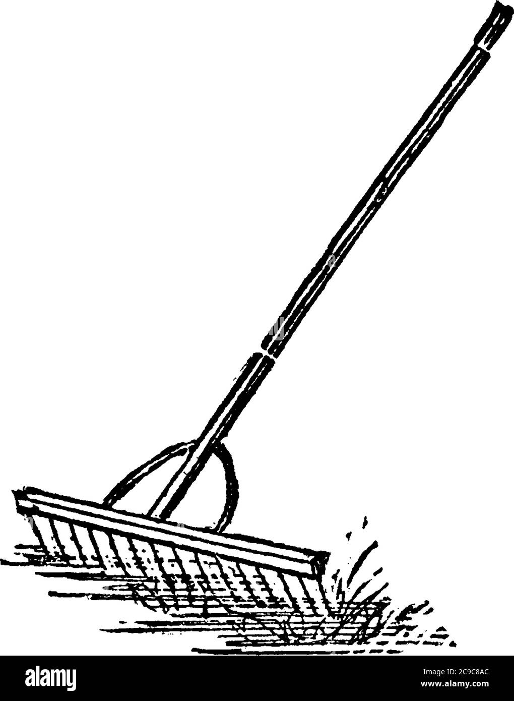 Typische Darstellung eines Rechen, ein Instrument zum Sammeln von Heu oder andere leichte Dinge, die über eine große Oberfläche verteilt sind, Vintage-Linie Zeichnung o Stock Vektor