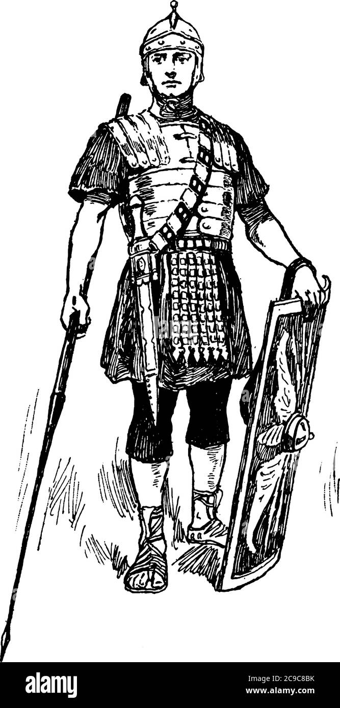 Das Bild zeigt einen römischen Soldaten stehend, trägt kurze Hosen und hält einige mächtige Waffen, vintage Linie Zeichnung oder Gravur Illustration Stock Vektor