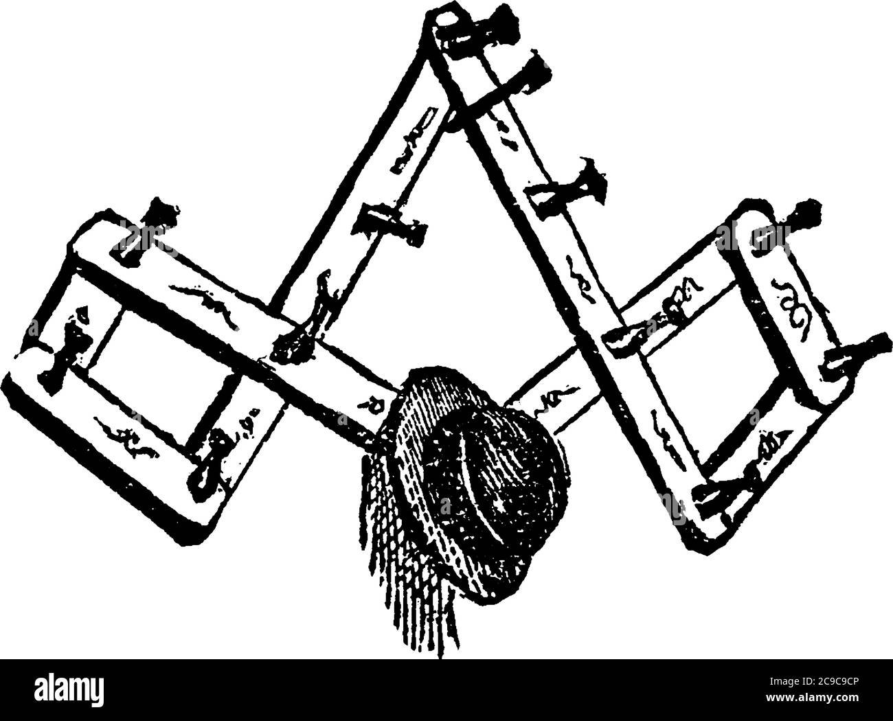 Eine typische Darstellung eines Zahnstangens, ein Rahmenwerk mit Stiften oder Haken, an denen Hüte, Kleidungsstücke, Kleider usw., Vintage-Linienzeichnung oder Gravur hängen Stock Vektor