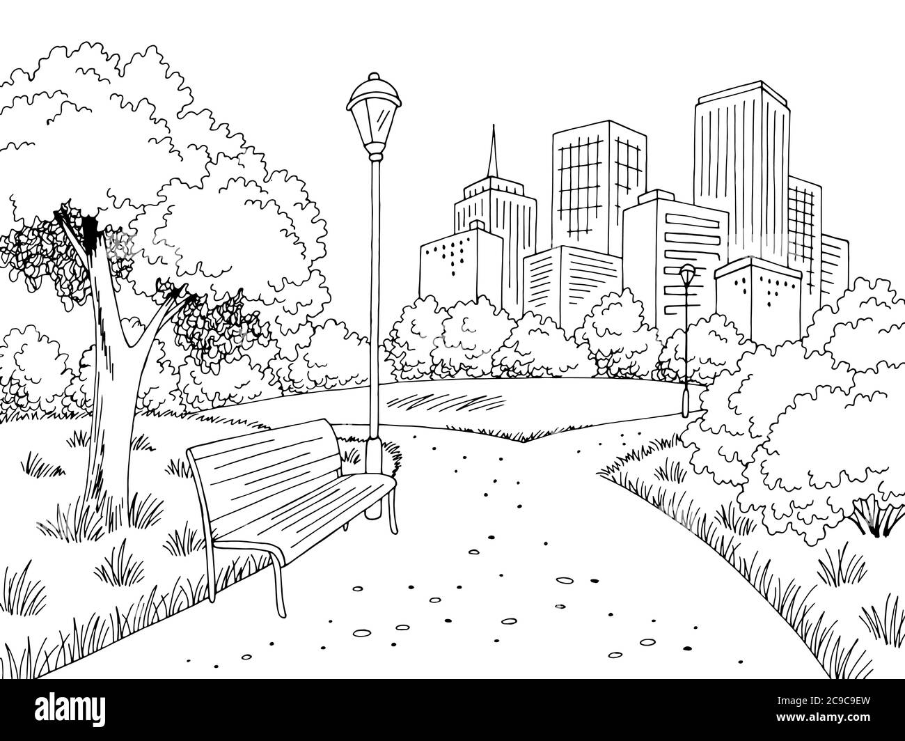 Park Grafik schwarz weiß Stadt Landschaft Skizze Illustration Vektor Stock Vektor