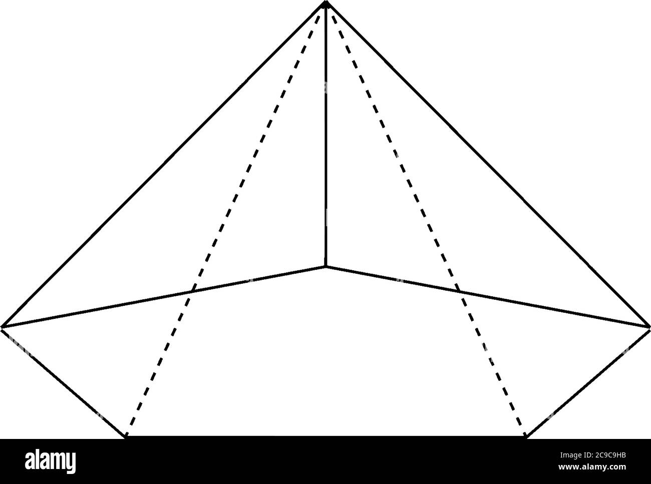 Geometrische Konstruktion einer rechten fünfeckigen Pyramide von unten mit versteckten Kanten dargestellt. Die Basis ist ein pentagon und die Gesichter sind gleichschenklige Tri Stock Vektor
