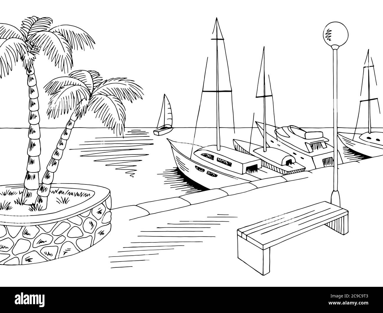 Meer Pier Grafik Yacht Meer schwarz weiß Landschaft Skizze Illustration