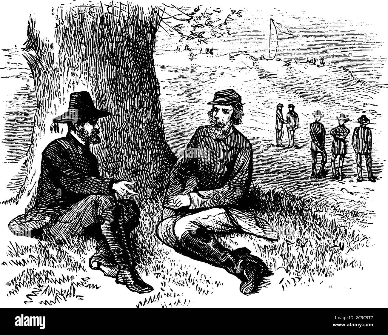 Das Bild zeigt die Kapitulation von Vicksburg, einer Stadt im westlichen Mississippi. Es ist bekannt als der Ort eines wichtigen Bürgerkriegs Schlacht, vintage Linie Zeichnung bekannt Stock Vektor