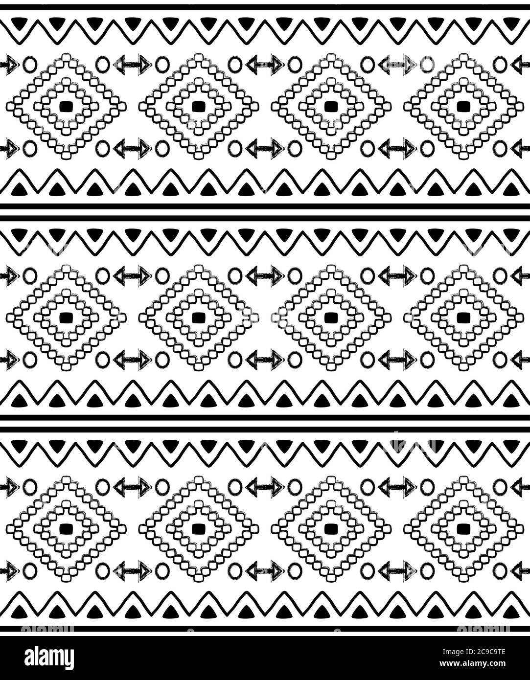 Aztec Navajo geometrische nahtlose ethnische Vektor-Muster, retro repetitive Design in schwarzem Muster auf weißem Hintergrund Stock Vektor