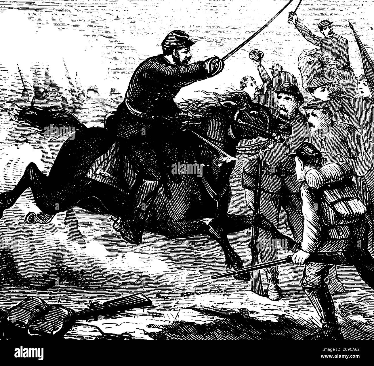 Das Bild zeigt Sheridan Ritt in seinem Pferd Angriff einige Männer mit seinen mächtigen Waffen, vintage Linie Zeichnung oder Gravur Illustration Stock Vektor