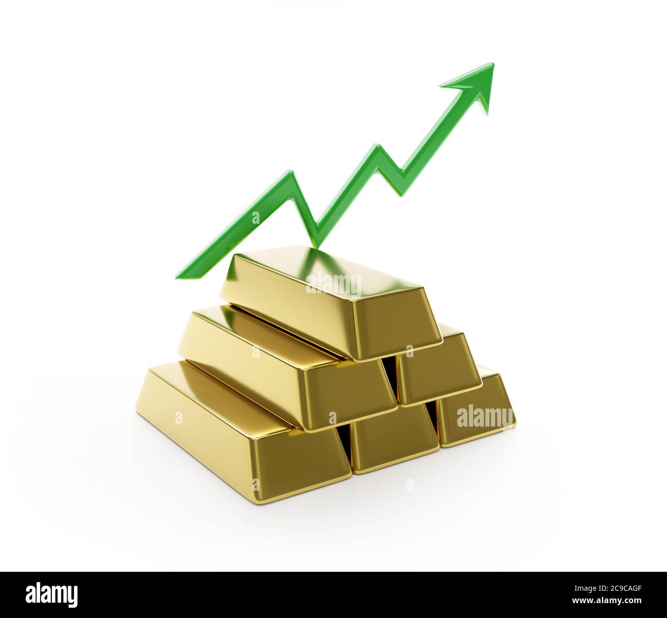 Nahaufnahme von Goldbarren oder Barren in der Bank mit einer zunehmenden statistischen Grafik, isoliert auf weißem Hintergrund. Edelmetall. 3D-Illustration Stockfoto