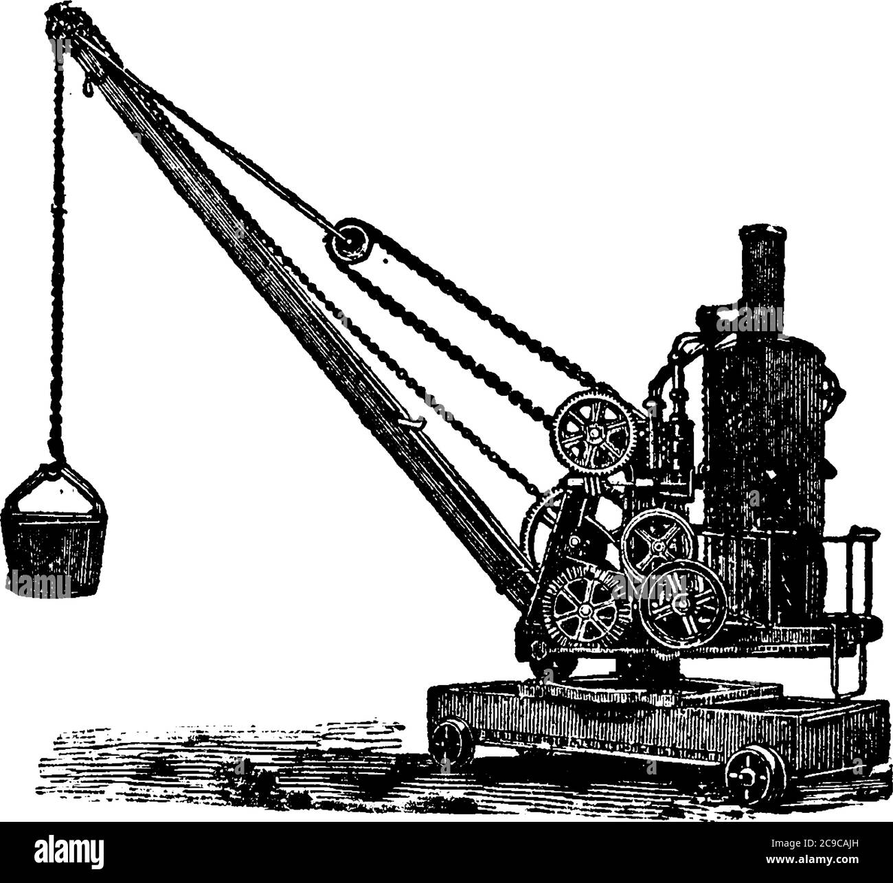 Eine Maschine, die zum Heben von Gewichten verwendet wird und auf drei verschiedene Arten arbeitet: Hand, Dampf und Hydraulikkraft. Besteht aus einem aufrechten Drehpfosten und einem Projek Stock Vektor