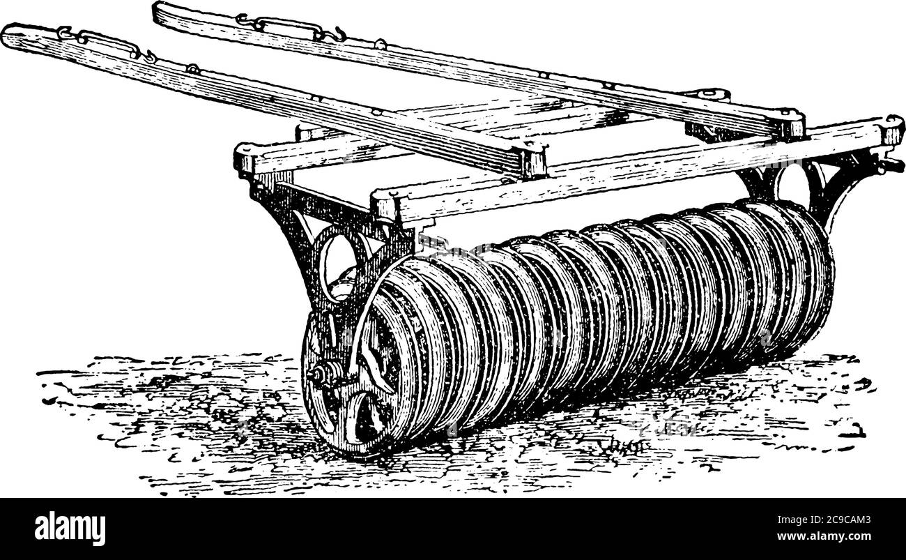 Eine Presse-Rad-Rolle, ein landwirtschaftliches Werkzeug, das nach dem Pflügen zum Abflachen von Land und zum Aufbrechen großer Schmutzstücke und Erdklumpen verwendet wird, Stock Vektor