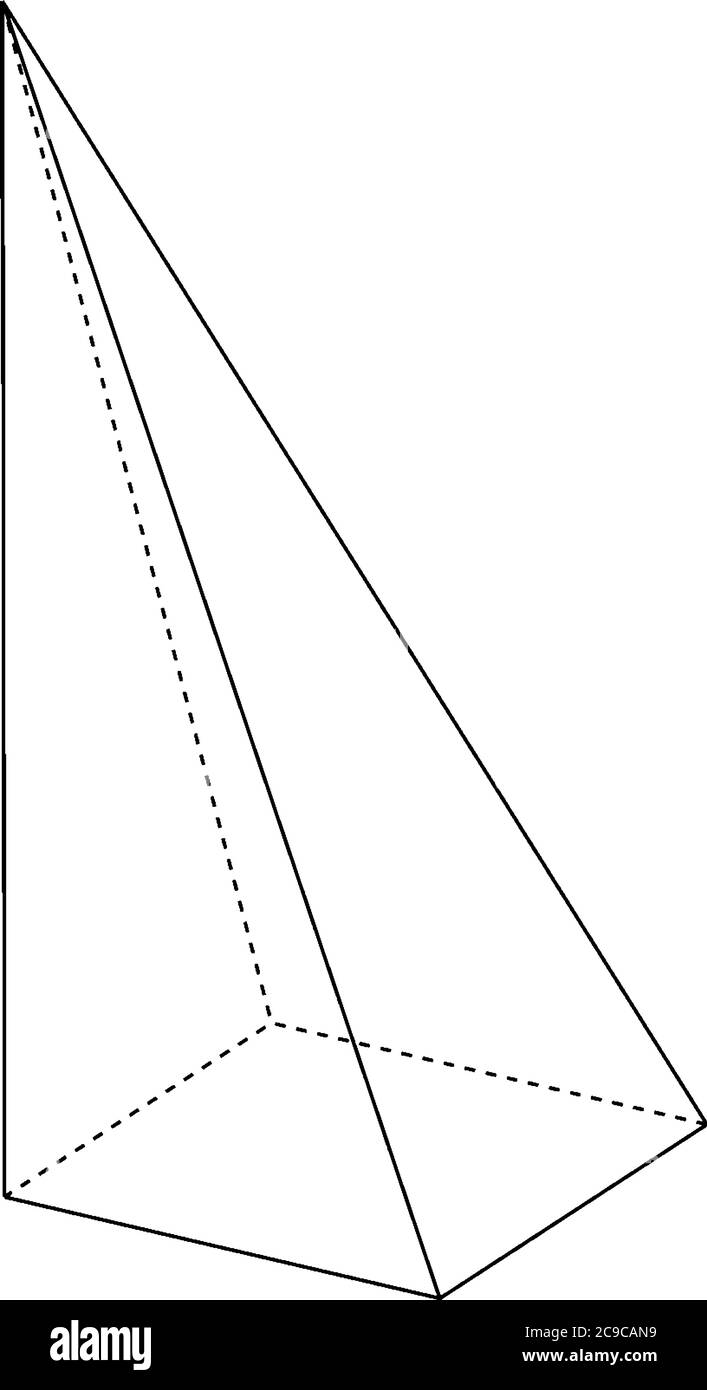 Es wird eine rechteckige Pyramide angezeigt, die nicht rechts oder schief ausgerichtet ist und ausgeblendete Kanten aufweist. Die Basis ist ein Rechteck und die Flächen sind gleichschenklige Dreiecke, vintage Linie d Stock Vektor