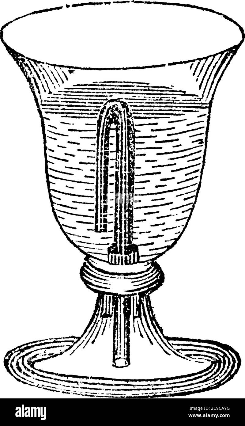 Eine Tasse mit Hakenform Rohr kann nicht vollständig gefüllt werden, vintage Linie Zeichnung oder Gravur Illustration. Stock Vektor