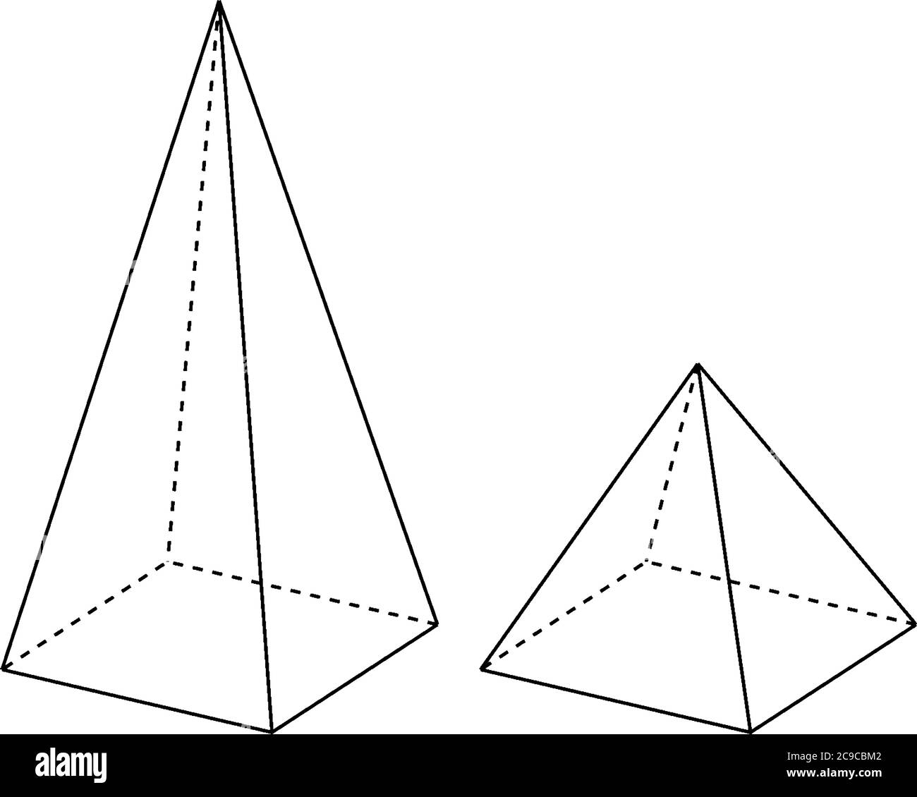 2 rechtwinklige Pyramiden mit versteckten Kanten; rechteckige Basen sind kongruent, aber die Höhe der kleineren Pyramide ist die Hälfte der größeren, Stock Vektor