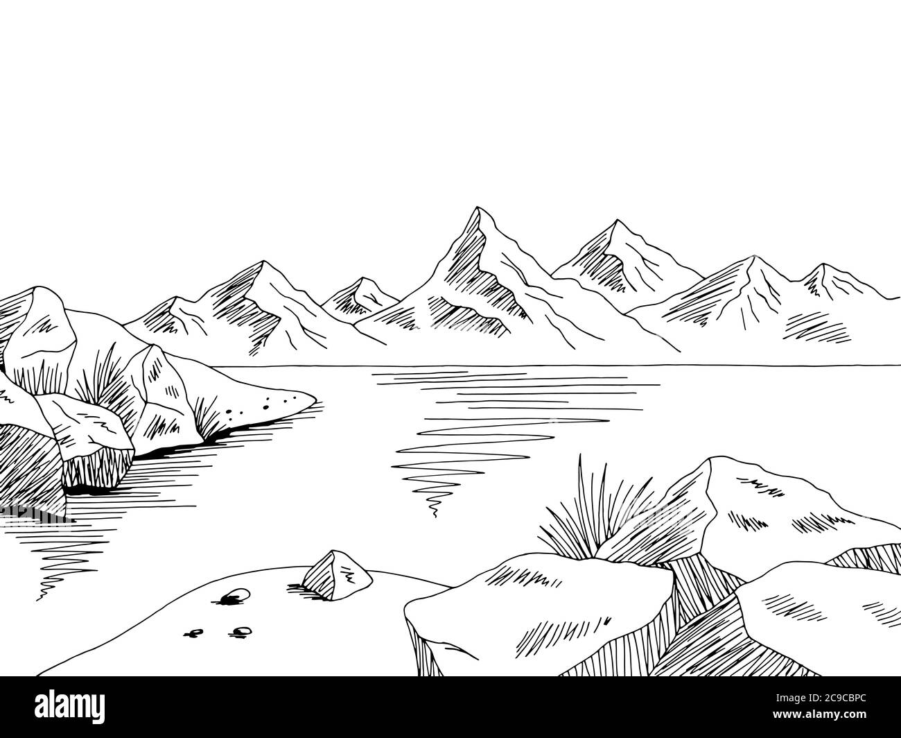 Cliff Meer Küste Grafik schwarz weiß Landschaft Skizze Illustration Vektor Stock Vektor