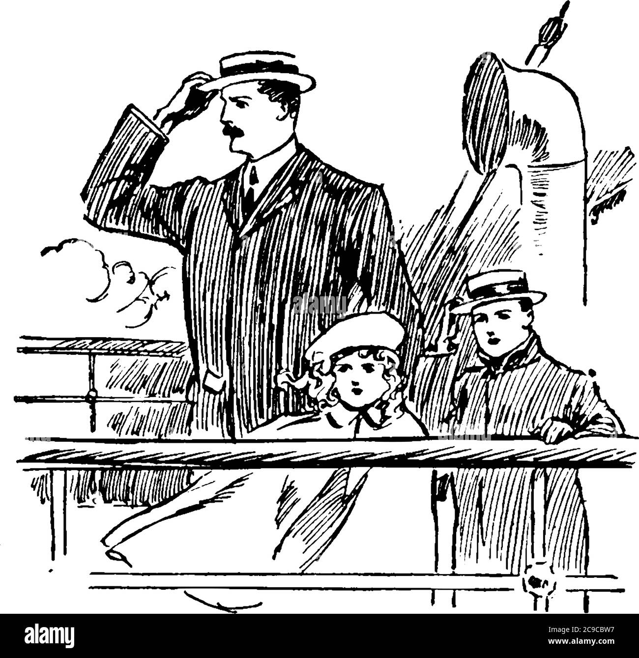 Das Bild zeigt einen Mann mit dem Hut, den er auf dem Kopf getragen hat, und zwei Jungen, die auf dem Deck stehen, eine Vintage-Linienzeichnung oder eine Gravur Stock Vektor