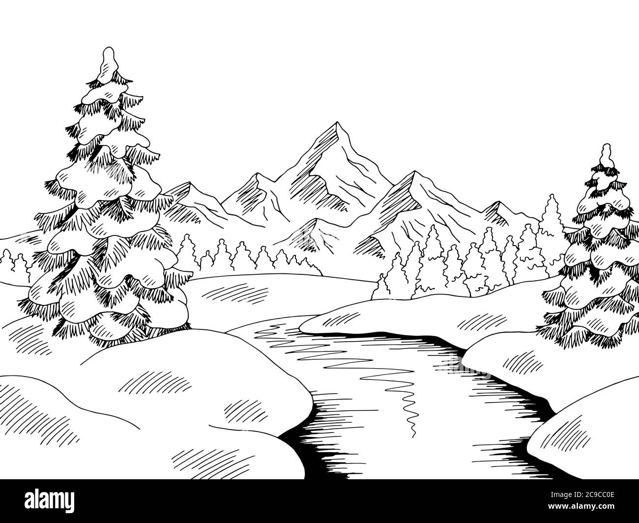 Winter Fluss Landschaft Grafik schwarz weiß Skizze Illustration Vektor Stock Vektor