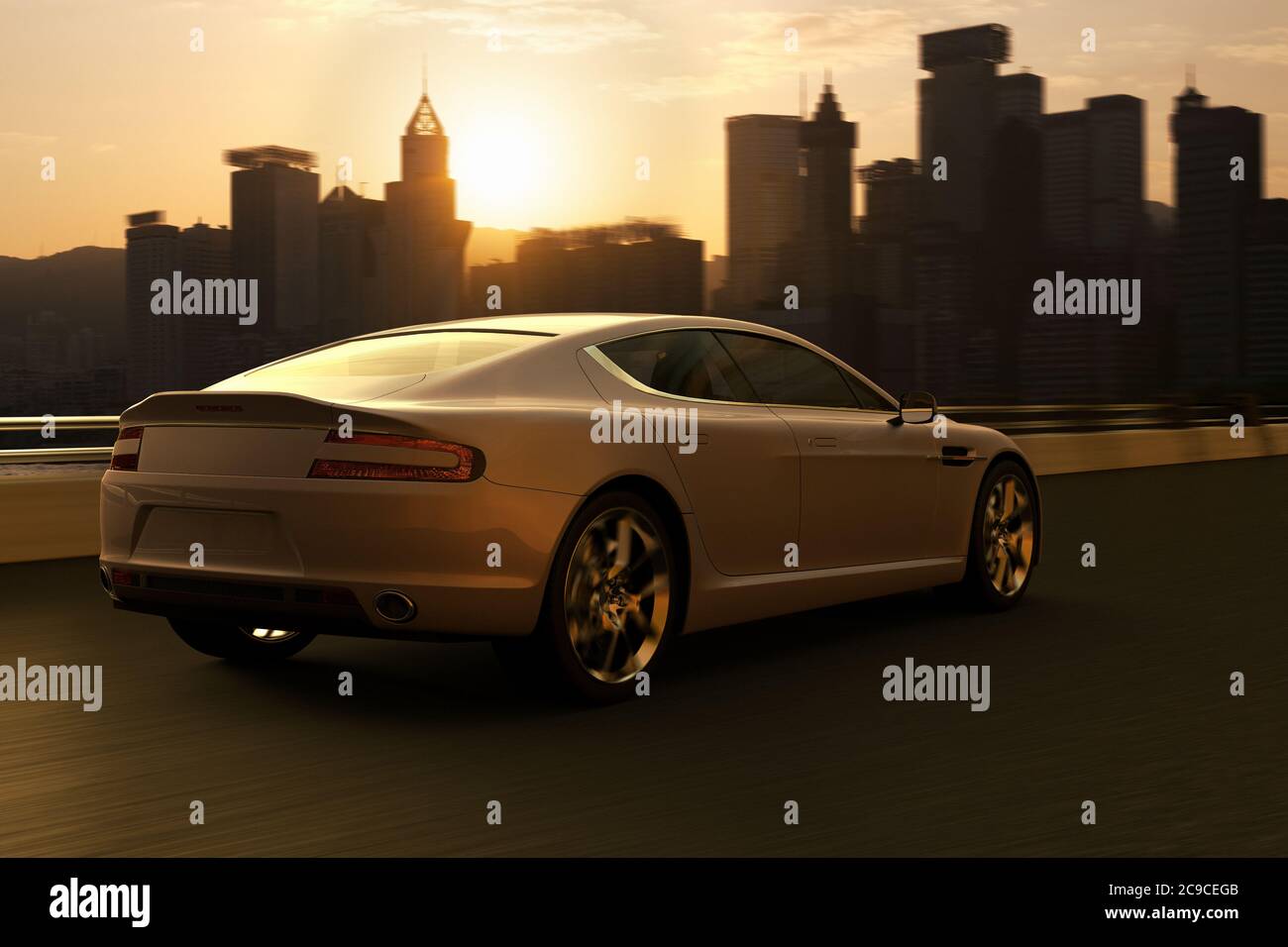 3D-Rendering eines Luxuswagens in Bewegung vor der Silhouette der Skyline von Hongkong Stockfoto