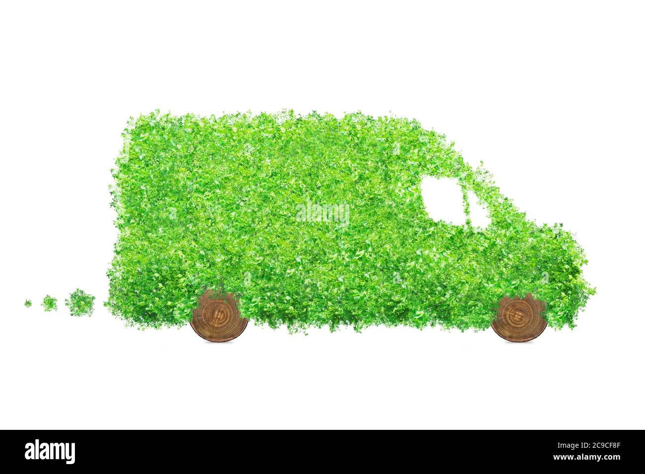 Isolierter Lieferwagen aus Blättern und Holz. Elektro-Cargo-Auto, Transport-und Umweltkonzept. Stockfoto