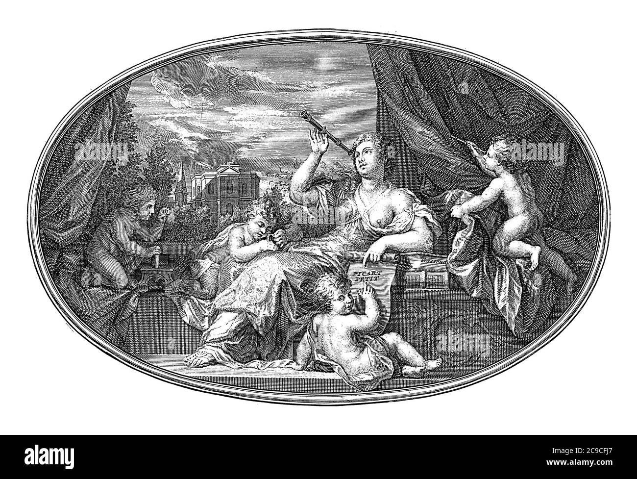 Deckenstück mit der Personifikation von Zichtkunde, Vintage-Gravur. Stockfoto