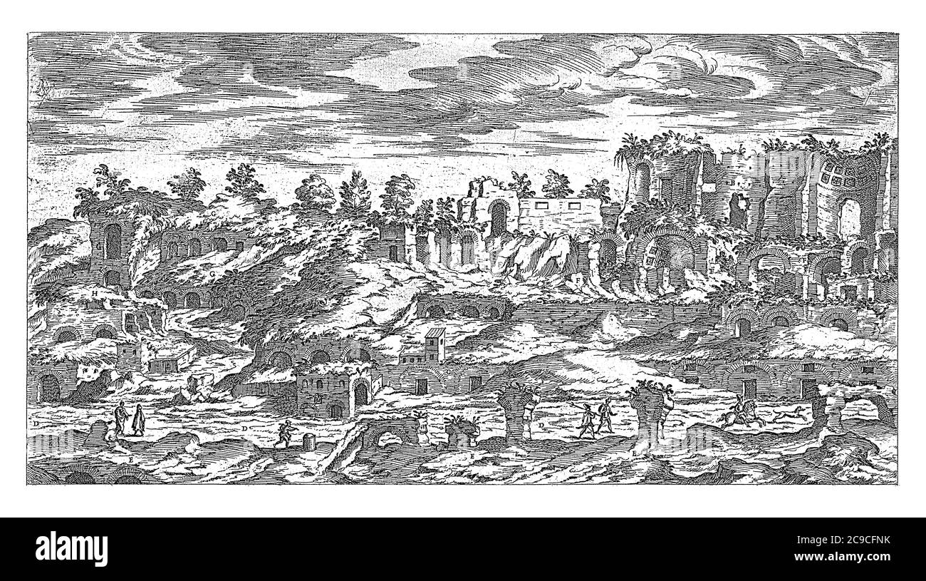 Palatin in Rom, Etienne Duperac, 1575 Ansicht der Ruinen auf der Palatin in Rom, Vintage-Gravur. Stockfoto