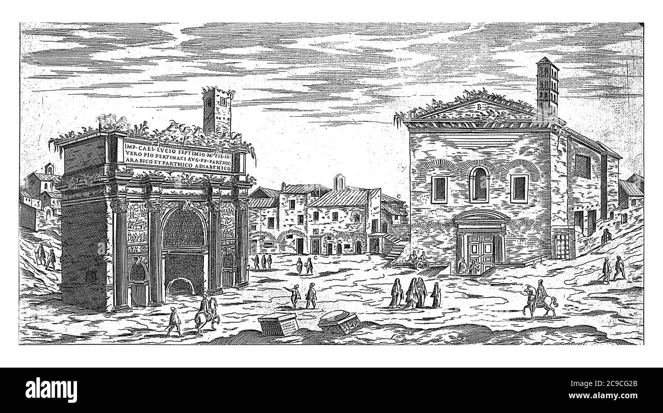 Bogen von Septimius Severus in Rom, Etienne Duperac, 1575 Blick auf den Bogen von Septimius Severus am Forum Romanum. Rechts die Curia Julia, Jahrgang engr Stockfoto