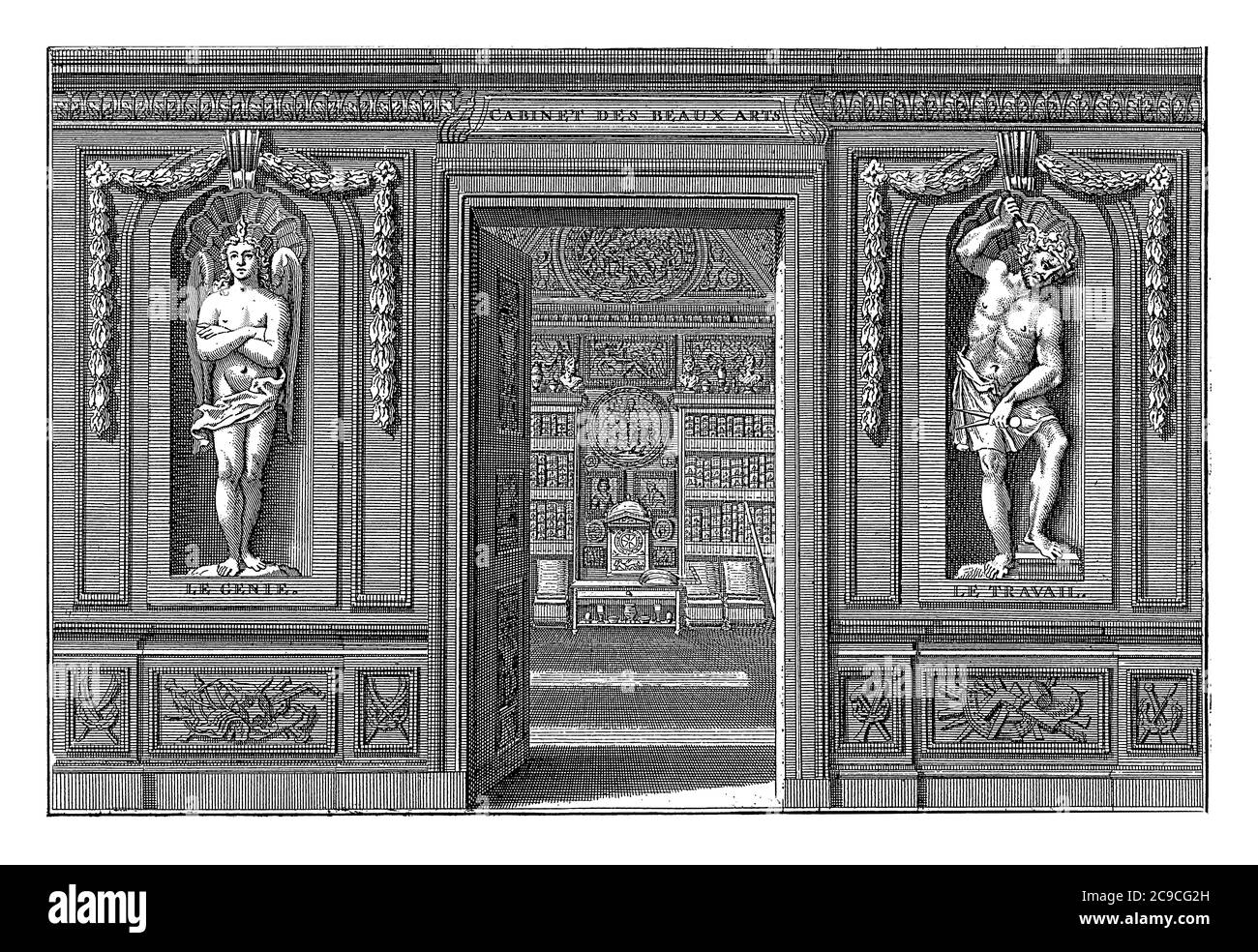 Offene Tür zu einem Kunstraum mit Bildern der Personifikationen des Genius und Arbeit auf beiden Seiten, Vintage-Gravur. Stockfoto