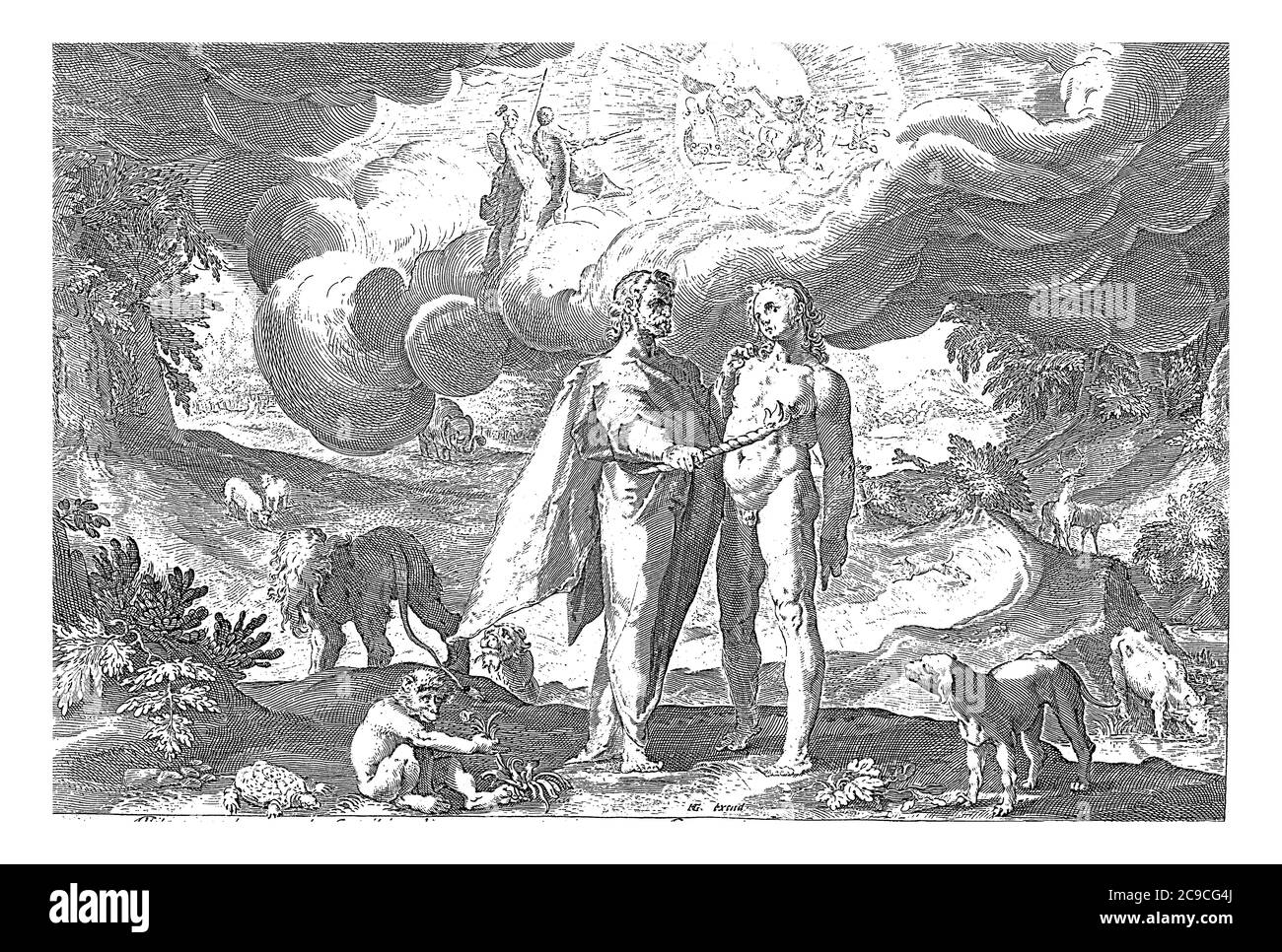 Prometheus gibt dem Menschen das Feuer, jeder zwei Mann verschiedene Tiere (Elefant, Löwe, Affe, Hund, Schildkröte, Kuh, Hirsch). In den Wolken Minerva, Jupiter und Er Stockfoto