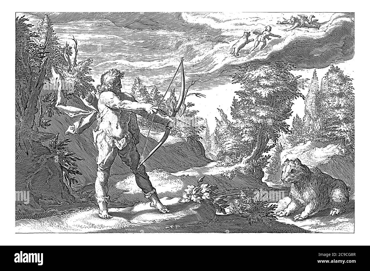 Arcas, der Sohn von Jupiter und Callisto, zeigt seinen Pfeil auf einen Bären, nicht wissend, dass es seine Mutter ist, Vintage Gravur. Stockfoto