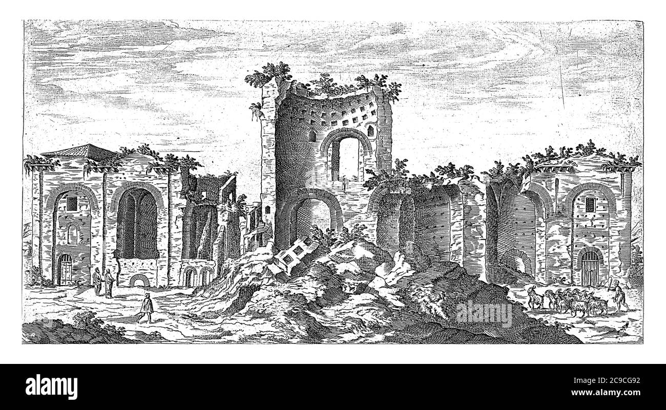 Konstantinsbäder in Rom, Etienne Duperac, 1575 Ansicht der Überreste der Konstantinsbäder in Rom, Vintage-Gravur. Stockfoto