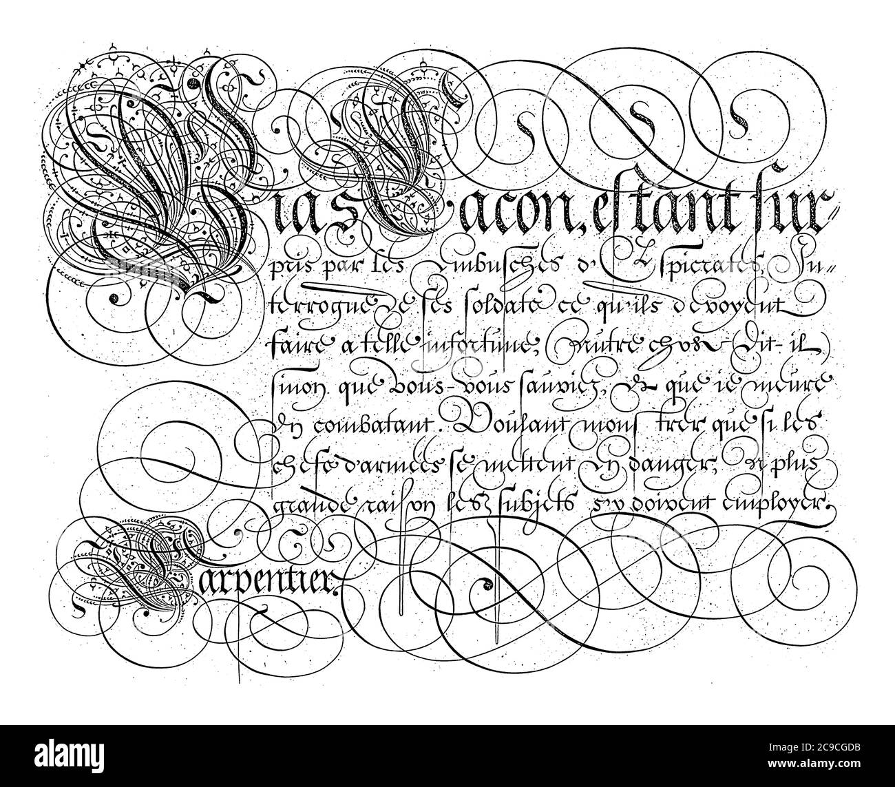 Schreibbeispiel mit dem Text: Bias Lacon enthält der Text drei verzierte Großbuchstaben: B, L und C, Vintage-Gravur. Stockfoto