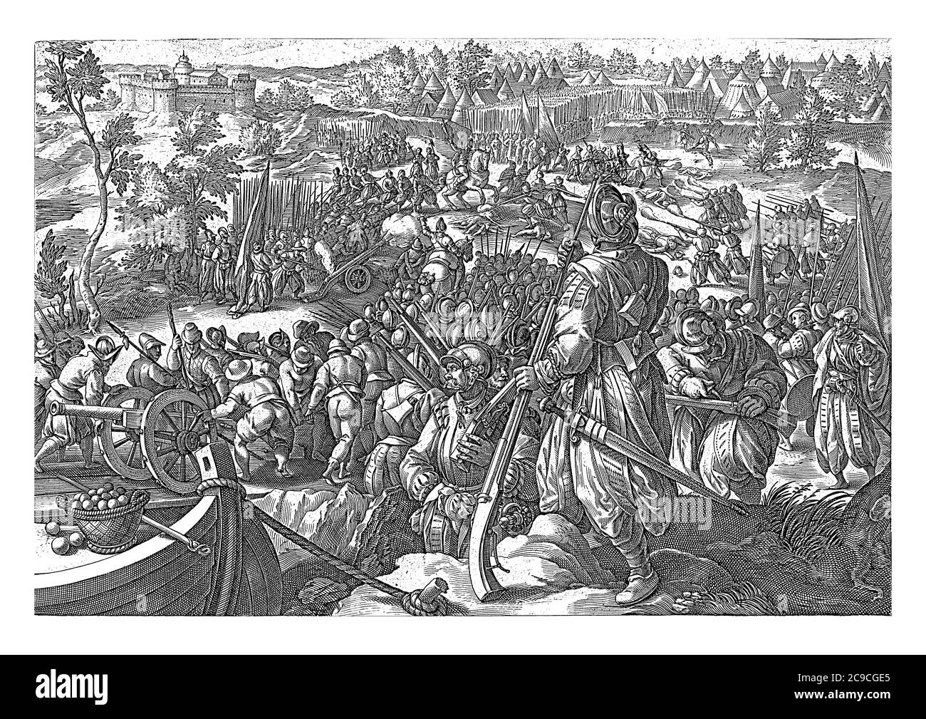 Der Tod von Giovanni de' Medici auf der Ebene von Govervolo. Im Vordergrund ist ein Soldat mit einer Muskete, Vintage-Gravur. Stockfoto