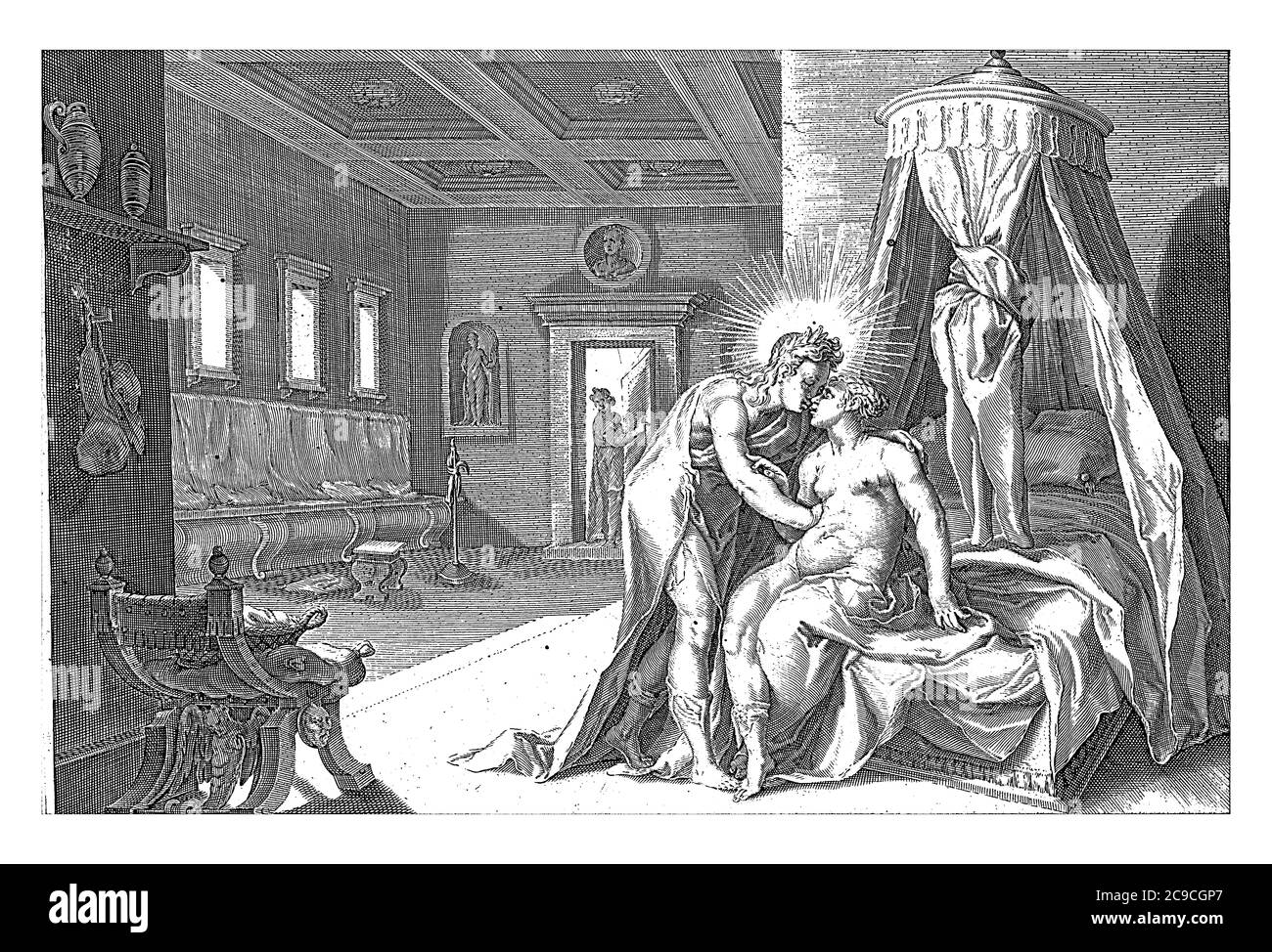 Apollo verführt Leucothea, Hendrick Goltzius (Werkstatt von), nach Hendrick Goltzius, 1728 Apollo (oder Helios) umarmt Leucothea, sitzend auf ihrem Bett. Th Stockfoto