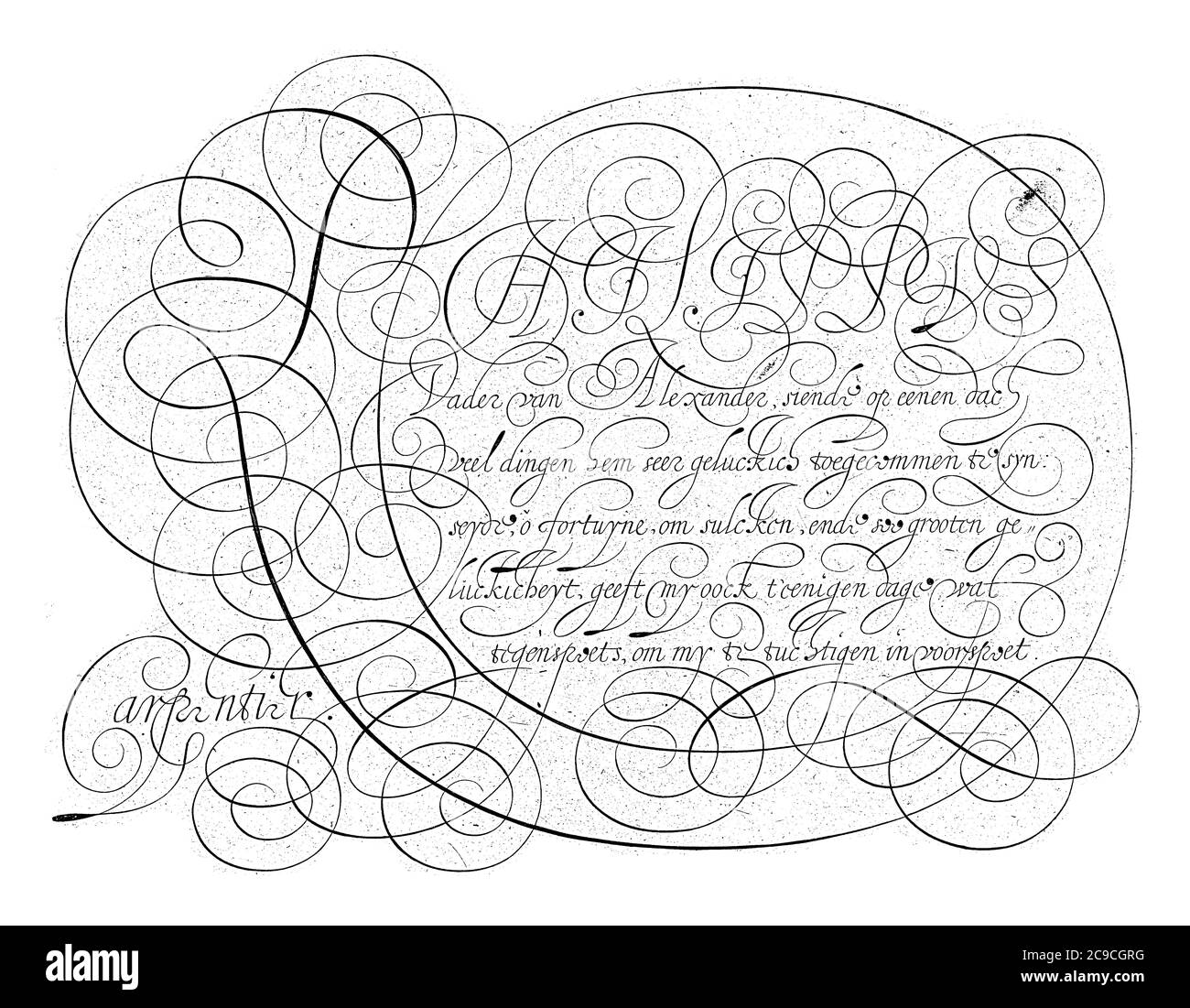 Schreibbeispiel mit dem Text: PHILIPPUS / Vater Alexanders (...). Die erste Rehel in Großbuchstaben, Vintage-Gravur. Stockfoto