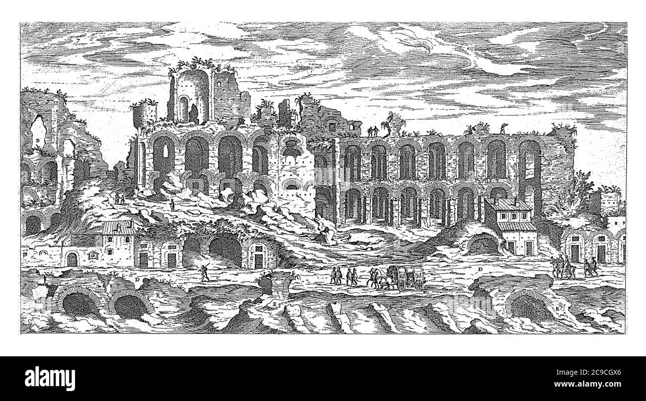 Palatin in Rom, Etienne Duperac, 1575 Ansicht der Ruinen auf der Palatin in Rom, Vintage-Gravur. Stockfoto