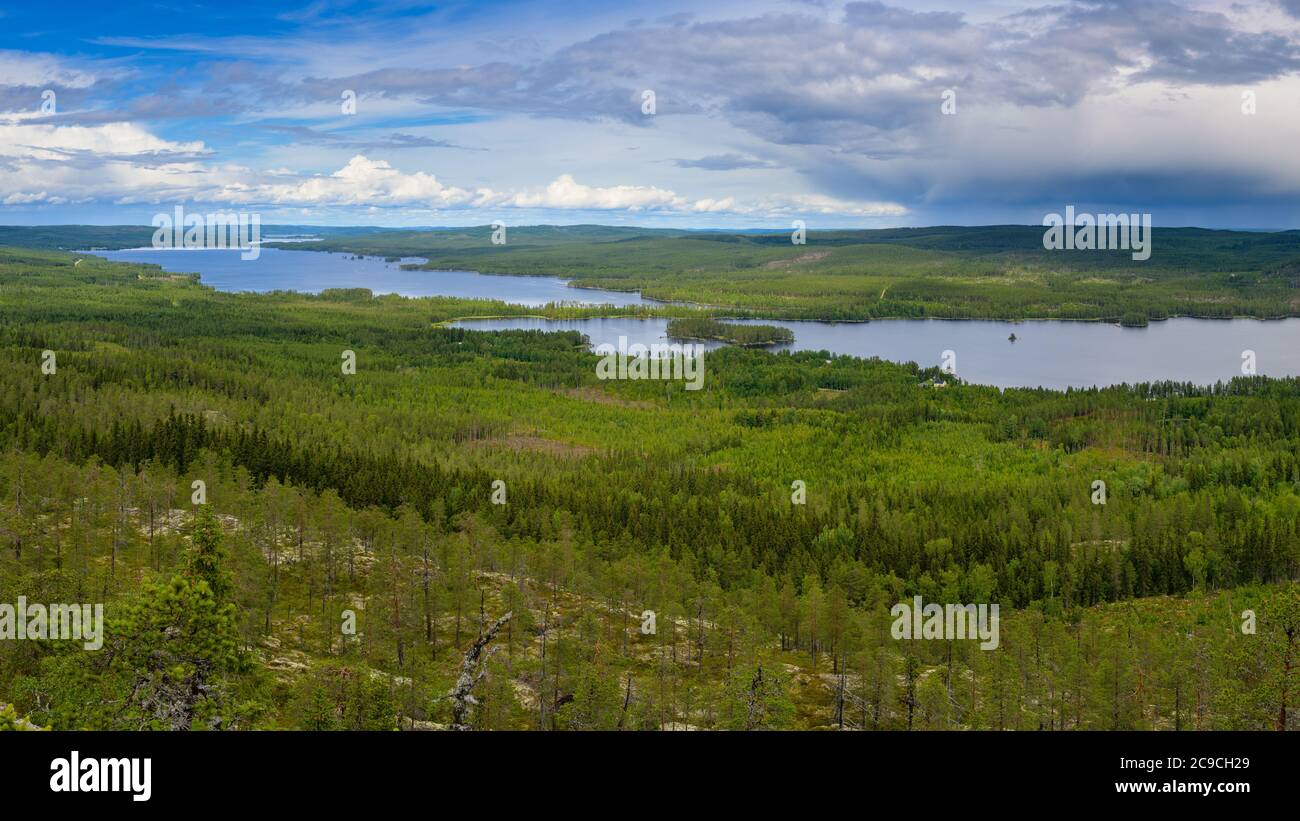 Blick über den See Brehungen, Jamtland Schweden. Aufgenommen im Sommer 2020. Panorama aus 3 Diff-Bildern. Stockfoto