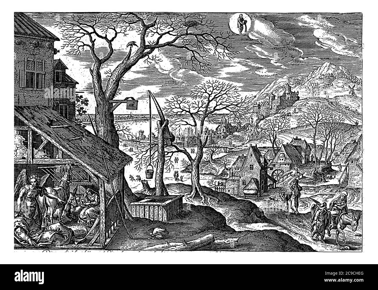 Oben Mitte das Zeichen des Tierkreises Wassermann. In der linken unteren Ecke der Stall, wo Joseph und seine Familie schlafen, Vintage-Gravur. Stockfoto