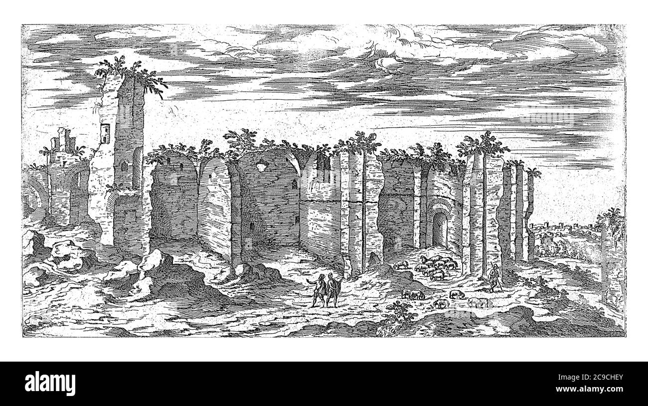 Ruinen der Caracalla-Thermen in Rom, Etienne Duperac, 1575 Ansicht der Ruinen der Caracalla-Thermen in Rom, Vintage-Gravur. Stockfoto