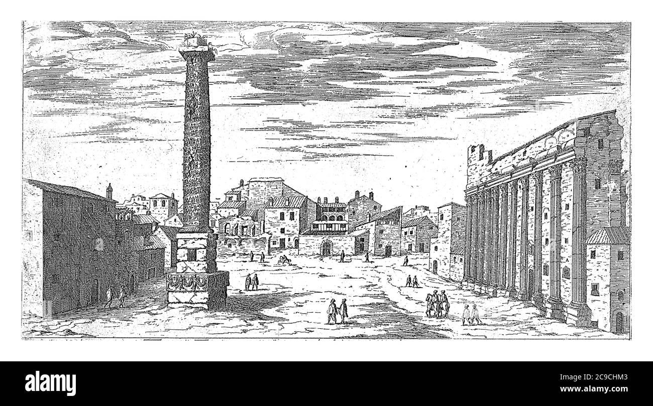 Säule des Antoninus Pius in Rom, Etienne Duperac, 1575 Ansicht der Säule des Antoninus Pius auf dem Marsatelch in Rom. Auf der rechten Seite die Überreste von Stockfoto
