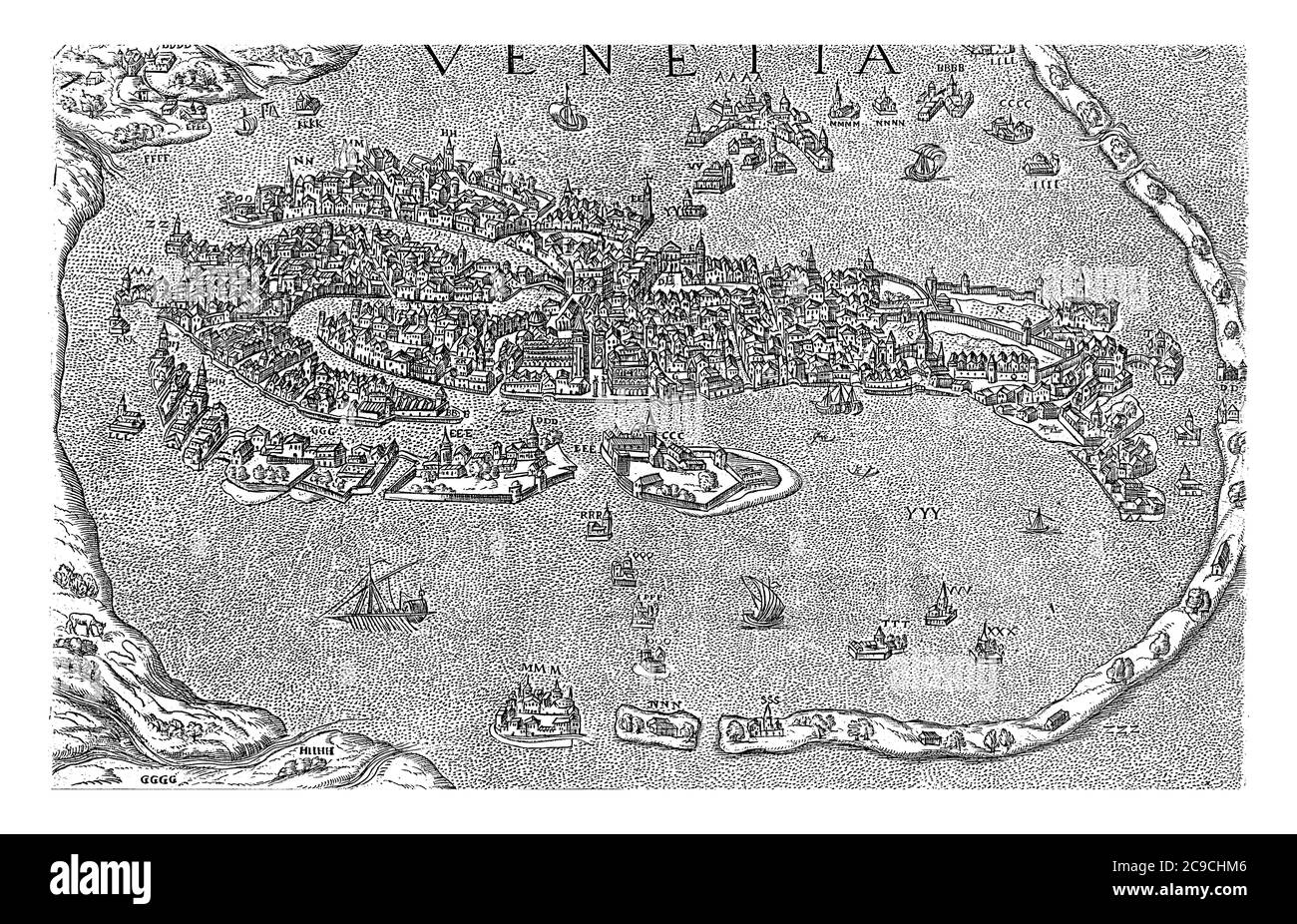 Karte von Venedig, anonym, 1550 - 1649 Karte von Venedig mit Gebäuden im Aufstand, Vintage-Gravur. Stockfoto