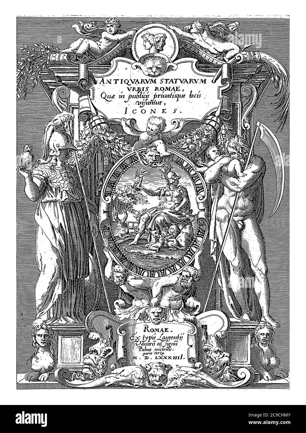 Titelbild mit Roma, Minerva und Saturn, einer ovalen Kartusche mit Roma, die neben der Lupa Capitolina sitzt und die Zwillinge Romulus und Remus säugt, Stockfoto