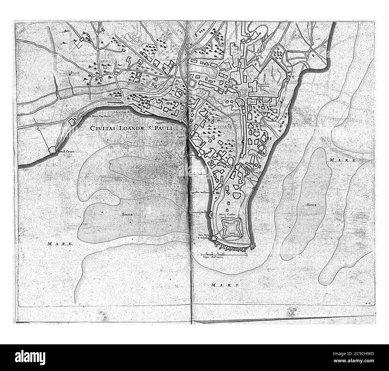Karte der Stadt Luanda in Angola, c.. 1641. Die Stadt wurde von einer niederländischen Flotte der WIC im Auftrag von Cornelis Cornelisz Jol, alias Houtebee, erobert Stockfoto