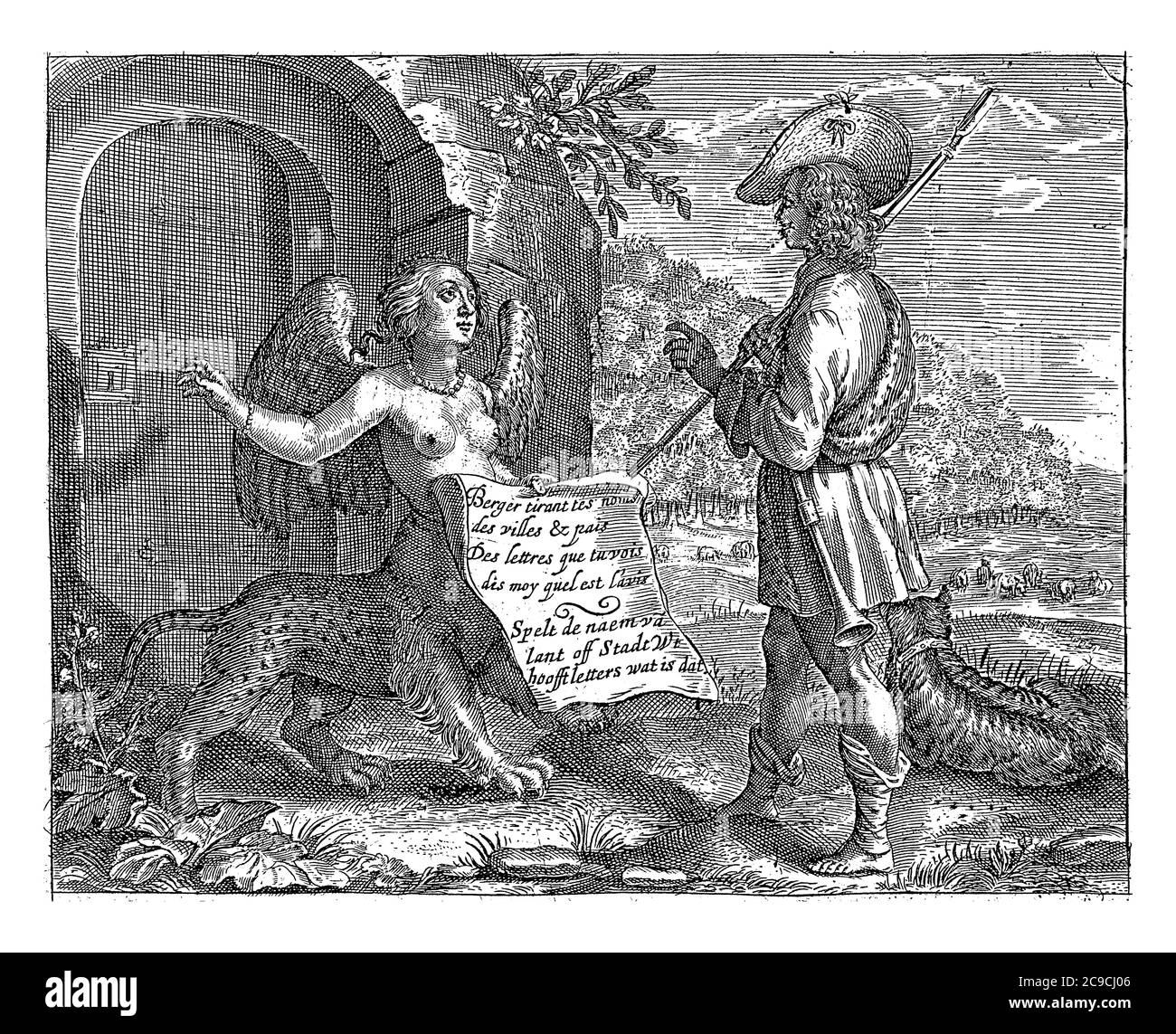 Eine Sphinx steht vor einer Tür und zeigt einem Hirten ein Blatt Papier mit einem französischen und niederländischen Text, Spell the Name of lant off stadt uuut hoofftlett Stockfoto