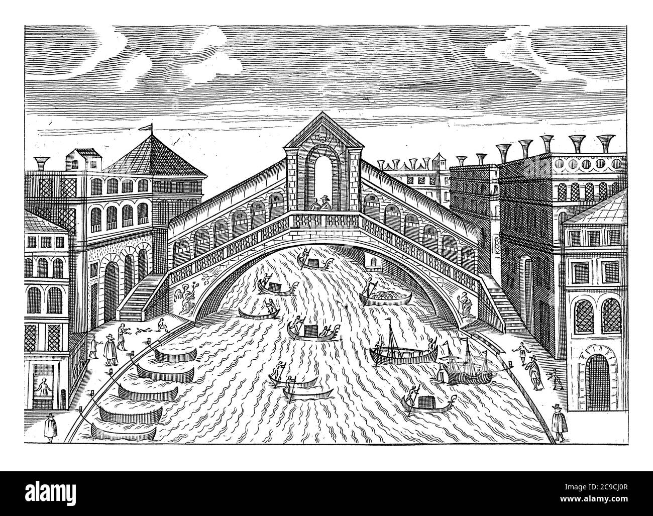 Rialtobrücke in Venedig, anonym, 1600 - 1699 die Rialtobrücke über den Canal Grande in Venedig. Segelboote und Gondeln segeln auf dem Wasser, vintage en Stockfoto