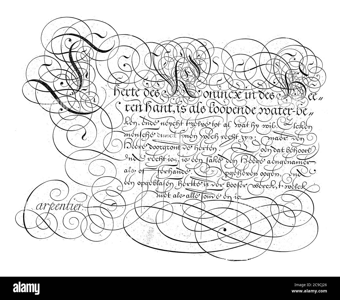 Schreibbeispiel mit dem Text: Text mit drei dekorierten Großbuchstaben: T, K und H, Vintage-Gravur. Stockfoto