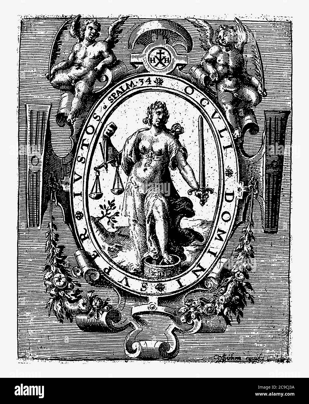 Eine stehende Frau mit einem Schwert in der linken Hand und einer Waage in der rechten Hand. In oval mit Randprägung, Vintage-Gravur. Stockfoto