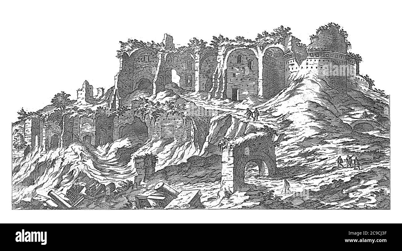 Palatin in Rom, Etienne Duperac, 1575 Ansicht der Ruinen auf der Palatin in Rom, Vintage-Gravur. Stockfoto