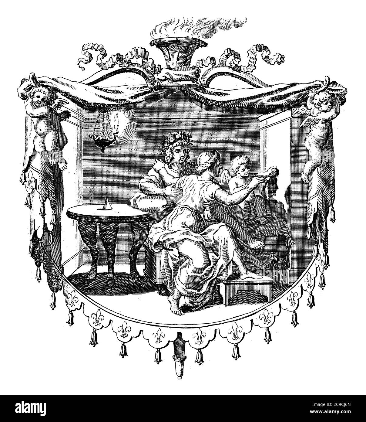 Amor als Erfinder der Malerei. Eine Hirtin zeichnet die Konturen des Gesichts ihrer Geliebten, projiziert durch das Lampenlicht, auf die Wand. Amor führt ihre Hand. Depi Stockfoto