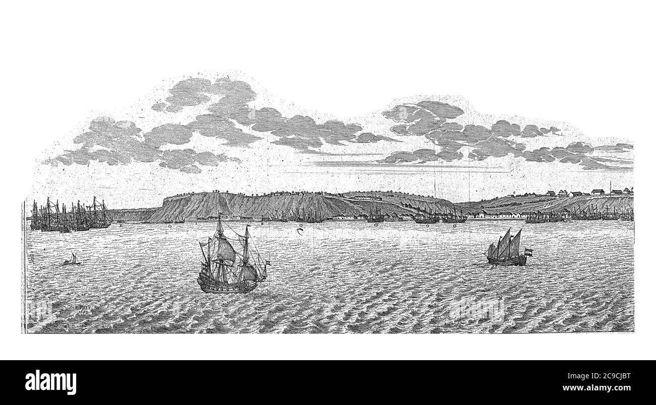 Blick auf Luanda (Sao Paulo de Luanda) in Angola (linke Hälfte), c. 1641. Linke Platte einer großen Darstellung auf zwei Platten gedruckt, Vintage-Gravur. Stockfoto