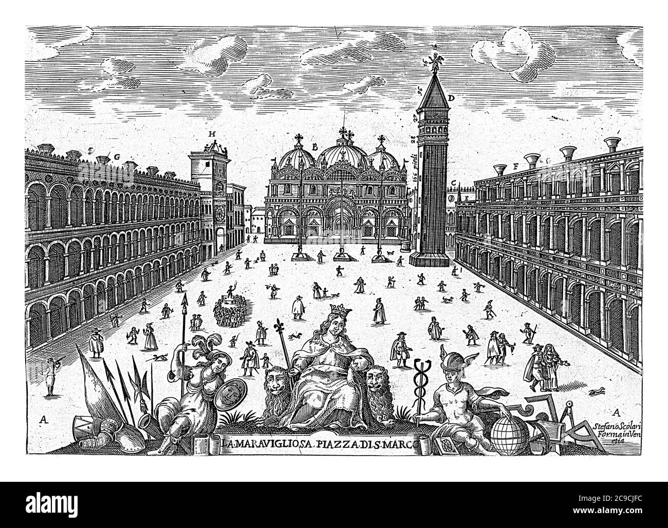 Markusplatz in Venedig, anonym, 1600 - 1699 Aktivität auf dem Markusplatz in Venedig, Vintage-Gravur. Stockfoto