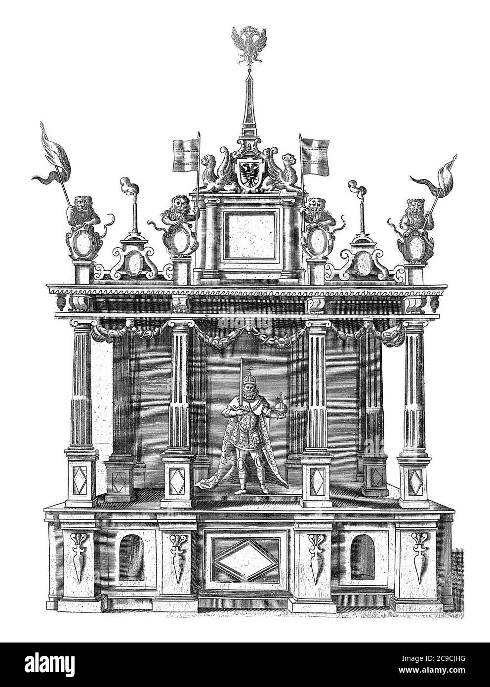 Theater mit König Albrecht I. von Habsburg 1299. Feierliche Eintragung von Erzherzog Ernst als Gouverneur der Niederlande in Brüssel am 30. Januar 1594, Stockfoto