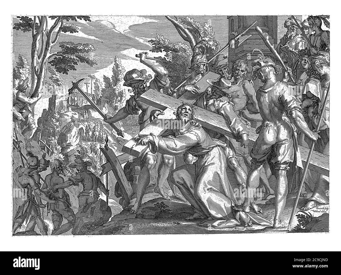 Christus trägt das Kreuz und Simon von Kyrene hilft ihm dabei. Soldaten peitschten und verspotten Christus, Vintage-Gravur. Stockfoto